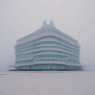A large, futuristic building with a gray and sleek exterior, surrounded by a misty atmosphere, in a wide shot with the entire building visible, on a plain white background, in the style of vaporwave with pastel colors and a sense of nostalgia, full-body view of the building with all details visible, including the roof and the foundation, with a subtle glow effect to enhance the vaporwave aesthetic