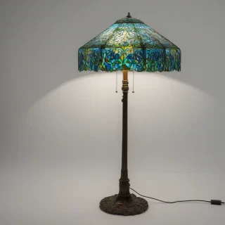 A beautiful, intricate floor lamp with a vibrant Tiffany stained glass lamp shade, featuring a wide range of colors including blues, greens, and yellows, in a full-body view, on a plain white background, with a wide-angle shot, and dynamic shadows, on a plain white background, even lighting 