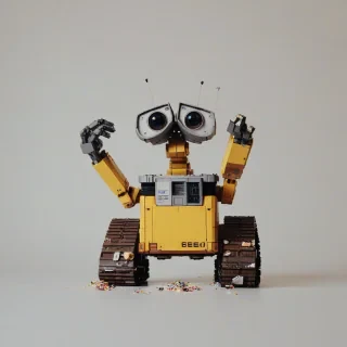 A pixel art Wall-E, full-body view, standing on a white background, with a wide shot, featuring a small trash-compacting robot with a large eye, and a faded blue and yellow color scheme, in an 8-bit style, with visible pixels, and a nostalgic feel