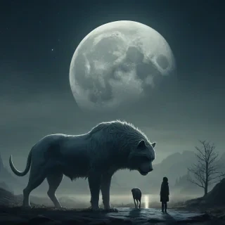 Digital art environmental scene at night, person and gentle moon spirit beast staring down