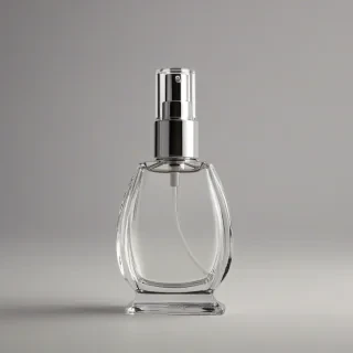 A beautiful, elegant perfume spray bottle with a silver pump sprayer, sitting on a plain white background, in a wide shot with the entire bottle visible, including the base and the top of the sprayer, with soft, warm lighting and a slight reflection on the bottle's surface, in a photorealistic style, on a plain white background, even lighting 