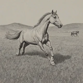 Line drawing of a horse galloping in a big open meadow