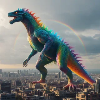 A large, rainbow-colored monster with scales that shimmer in the light, with a long, slender tail, standing in a full-body view destroying a city, with its feet visible and a wide shot to capture its entire body, in a digital art style with bold lines and vibrant colors