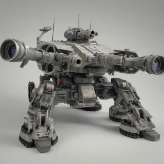 Sniper M.A.V. (Modular Assault Vehicle), with 4 large sniper cannons on legs, on a plain white background, even lighting 
