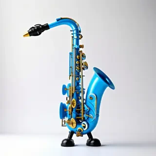 A full-body view of a bright blue cartoon saxophone, with a wide shot and feet visible, on a plain white background, in a 3D art style with dynamic shadows and a hard rim light
