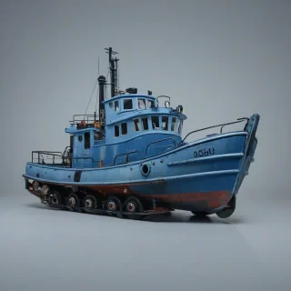 Diesel-powered tugboat painted in a denim blue color palette on a plain white background with even lighting