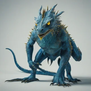 A full-body view of a hideous, angry lizard monster with six legs and a long tail, covered in sharp, jagged scales and pointy teeth, with glowing yellow eyes, in a celestial blue coloring, on a plain white background, in a wide shot, in the style of a dark fantasy digital illustration, on a plain white background, even lighting