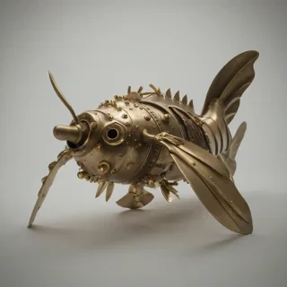 A full-body view of Olive, a unique underwater creature, with a Dieselpunk aesthetic, featuring brass-plated scales, copper fins, and a vintage-inspired propeller on its back, set against a plain white background, with dynamic shadows and a warm, golden lighting effect, in a wide-angle shot, with all details and textures clearly visible