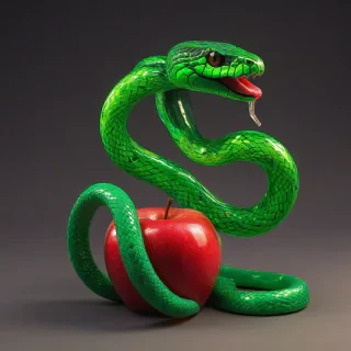 A vibrant green snake made of glass shards coiled around a glowing bright red apple on a dark backdrop. The snake is looking at the viewer and has its tongue out