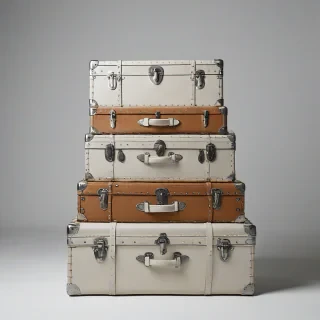 a stack of light colored leather trunks, bright lighting, on a plain white background, even lighting
