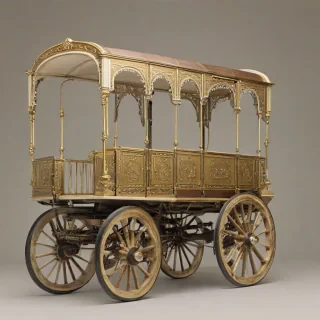A full-body view of a Victorian-era inspired wagon, with intricate brass details and a dignified demeanor, set against a plain white background, with a warm, soft lighting and a slight sepia tone to evoke a sense of nostalgia, in a wide shot with its wheels visible., on a plain white background, even lighting