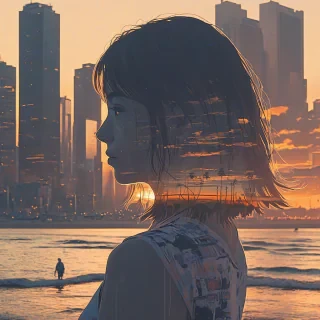 Anime double exposure of cityscape, woman, and beach in sunset lighting, 2d drawn