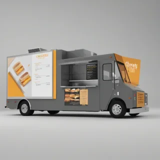 A sleek, modern food truck with a slate grey exterior, serving gourmet grilled cheese sandwiches, in a wide shot with the truck's menu board and surroundings visible, on a plain white background, with a shallow depth of field, and a warm, inviting lighting, in the style of a digital illustration, with bold lines and vibrant colors