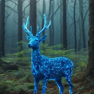 a glowing blue deer in a magical forest
