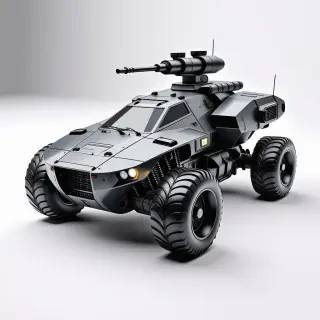 A futuristic combat vehicle with a single spherical wheel, a rocket pod, and a tilted forward chassis, with a rocket pod turret on top, in a wide shot, with a metallic finish, on a plain white background, with dynamic shadows and a hard rim light, in a digital art style with bold lines and vibrant colors, with the single wheel and rocket pod prominently displayed, full-body view, single wheel visible