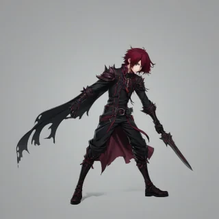 Maroon-haired anime man, full-body view, Gothic style, on a plain white background