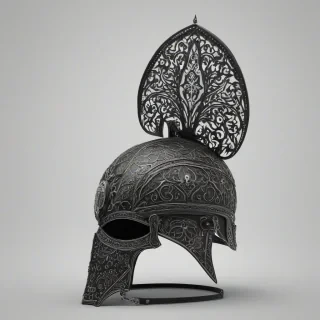 A black, Gothic-style helmet, with intricate designs and patterns, full-body view, on a plain white background, wide shot, with visible details and textures, in a digital art style, on a plain white background, even lighting