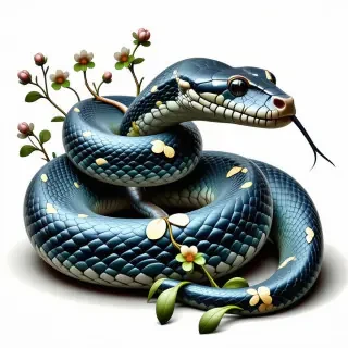 Colorful snake with patterns of white vines with flowers running down it's back