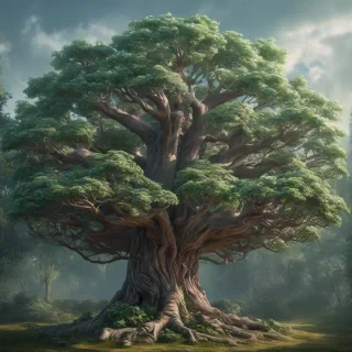 Photo realistic style of a large magical fairy tree