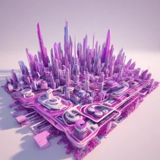 Purple and pink utopia, futuristic cityscape, wide shot, plain white background, vibrant colors