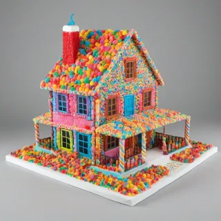 A colorful 3D house made entirely of candy, with a wide shot of the full structure, including the roof, doors, and windows, all made of various types of sweets like gummy bears, lollipops, and licorice, on a plain white background, on a plain white background, even lighting
