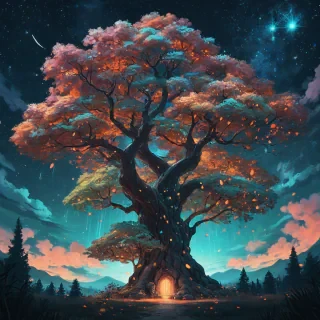Anime giant tree with turquoise, light green, orange, and pink glowing leaves, fluffy clouds under starry night sky