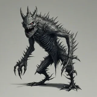 hand-drawn, cell shaded style evil monster with sharp, pointy teeth, spikes on its spine, and webbed hands and feet, bright lighting, full body visible, on a plain white background, even lighting