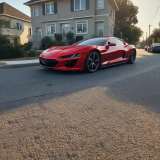A shiny, red sports car, sleek design, on a road in a neighborhood, wide-angle shot, soft natural lighting, subtle sheen, surrounded by different colored cars