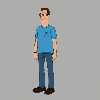 Hank Hill, a slightly overweight propane salesman from the cartoon King of the Hill, wearing his signature blue shirt and jeans, standing in front of a white background with a full-body view, with a wide shot, and a friendly smile, in a digital illustration style with bold lines and vibrant colors, on a plain white background, even lighting