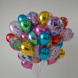 bouquet of colorful mylar balloons, on a plain white background, even lighting