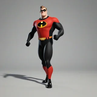 A full-body view of Mr. Incredible, a 3D animation character, with a superhero suit, standing on a plain white background, with a wide-angle shot, dynamic shadows, and a bold, vibrant color scheme, in the style of Pixar animation, with intricate details and textures, and a sense of depth and dimensionality
