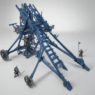 A large, blue, medieval-style siege weapon, such as a catapult or trebuchet, in a wide shot, with intricate details and textures, on a plain white background, with a digital art style and dynamic shadows, full-body view, with the entire siege weapon visible, including the base and throwing arm, in a concept art style, with bold lines and vibrant colors