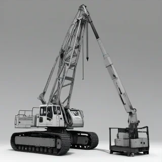 A large, silver, brutalist-style construction crane, with sharp angular lines and a rugged metallic texture, set against a plain white background, in a wide shot with the entire machine visible, including the base and the long extendable arm, with a focus on the intricate details of the machinery, in a digital art style with high contrast and bold shading, full-body view, with the crane's wheels and stabilizers clearly visible, on a plain white background, even lighting 