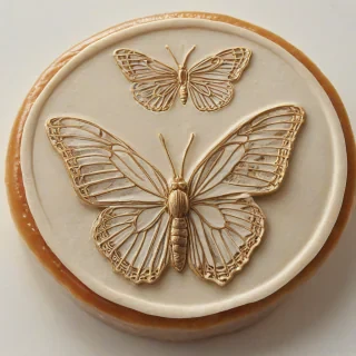 A highly detailed, full-body view, wax stamp of a monarch butterfly with its wings spread wide, set against a plain white background, in a style reminiscent of traditional engraving, with intricate lines and textures, and a warm, golden light shining down on it