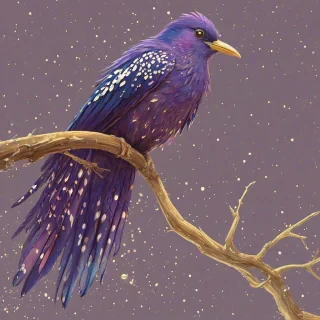 A full-body view of a mythical purple bird with small, white spots on it so it looks like stars, with vibrant, iridescent feathers, perched on a branch, with a wide-angle shot, and soft, natural lighting, in the style of a digital illustration,  with the bird's feet visible and its wings slightly spread, showcasing its majestic plumage