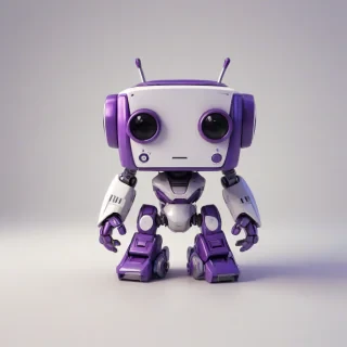A cute, purple and white video game robot with a stumpy body, big eyes, and a cubic face, standing in a full-body view with its feet visible, on a plain white background, in a comic book art style with bold lines and bright colors, with a wide-angle shot and bright lighting, on a plain white background, even lighting 