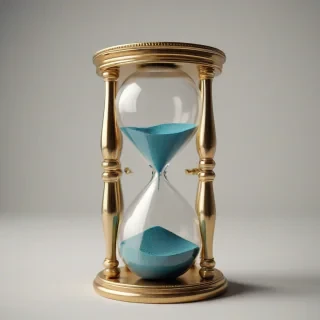 A delicate, ornate hourglass with a brass frame, filled with colored sand, in a wide shot, on a plain white background, with soft, warm lighting and a shallow depth of field, in the style digital illustration, on a plain white background, even lighting 