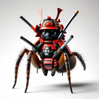A spider wearing samurai armor and holding two katanas with its little legs.