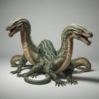 A hydra monster with three serpent-like heads and one large, scaly body, full-body view, wide shot, feet visible, on a plain white background, digital art style, high detail, dynamic lighting, vibrant colors, on a plain white background, even lighting 