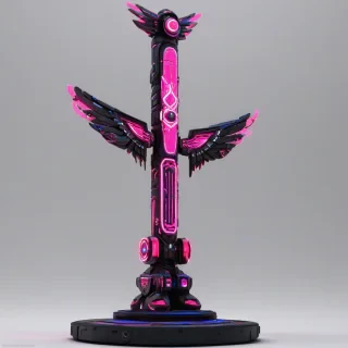 A vibrant pink totem pole, cyberpunk style, with neon lights and metallic accents, set against a plain white background, full-body view, highly detailed, wide shot, with visible feet and base, in a futuristic urban environment, digital art style, high contrast colors, dynamic shadows, and intricate textures, on a plain white background, even lighting 