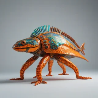 A vibrant orange sea creature with iridescent scales, depicted in an Afrofuturism style with a blend of traditional African patterns and futuristic elements, set against a plain white background, full-body view with feet visible, in a wide shot with dynamic shadows and a hard rim light, on a plain white background, even lighting