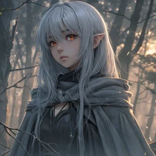 Anime-style girl, silver hair, glowing eyes, tattered cloak, misty forest anime style