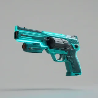 A teal, retro-futuristic gun, with a neon glow, on a plain white background, even lighting