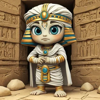 Chibi cartoon mummy in Egyptian tomb