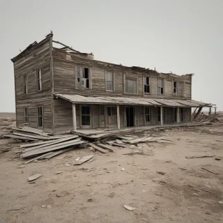 A standalone, dilapidated building from the Wild West era, with wooden boards falling off and a generally worn, weathered appearance, set against a plain white background, in a wide shot with the entire building visible, including the foundation and any surrounding debris, in a digital art style with muted colors, on a plain white background, even lighting