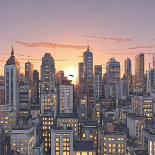 2D cartoon cityscape at sunset, wide shot, full-body view, on a plain white background