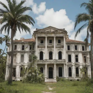 A dilapidated old stucco mansion with overgrown gardens, peeling paint, and a faded grandeur, surrounded by tall palm trees with fronds that are worn and torn, set against a clear blue sky with a few puffy white clouds, in a wide shot with the entire mansion visible from a slight distance, on a plain white background, in the style of a nostalgic and melancholic oil painting, on a plain white background, even lighting