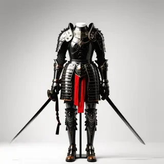 a dress mannequin with full samari armor and swords