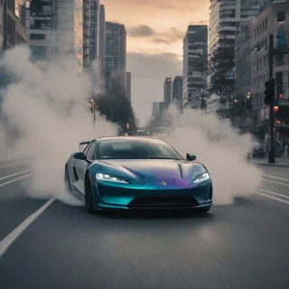 A sleek sports car with iridescent paint, drifting through a cloud of smoke from a low camera angle in a city setting at dusk, capturing the dynamic motion and misty atmosphere.