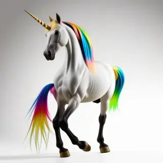 A tall unicorn with a rainbow tail and mane rearing back on its hind legs